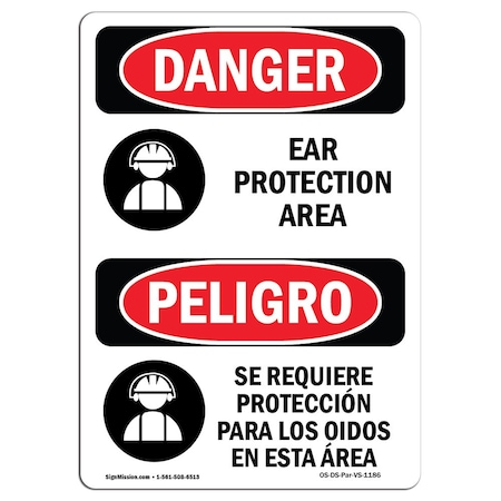 Signmission OSHA Danger Sign, Ear Protection Area Bilingual, 14in X 10in Decal, 10" W, 14" H, Bilingual Spanish OS-DS-D-1014-VS-1186